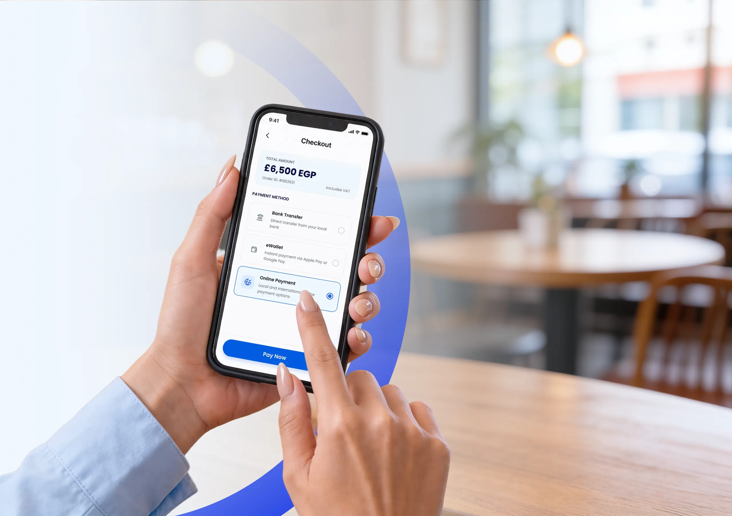 Online payment gateway technology 2 A hand choosing online payment at a phone checkout, a café table behind
