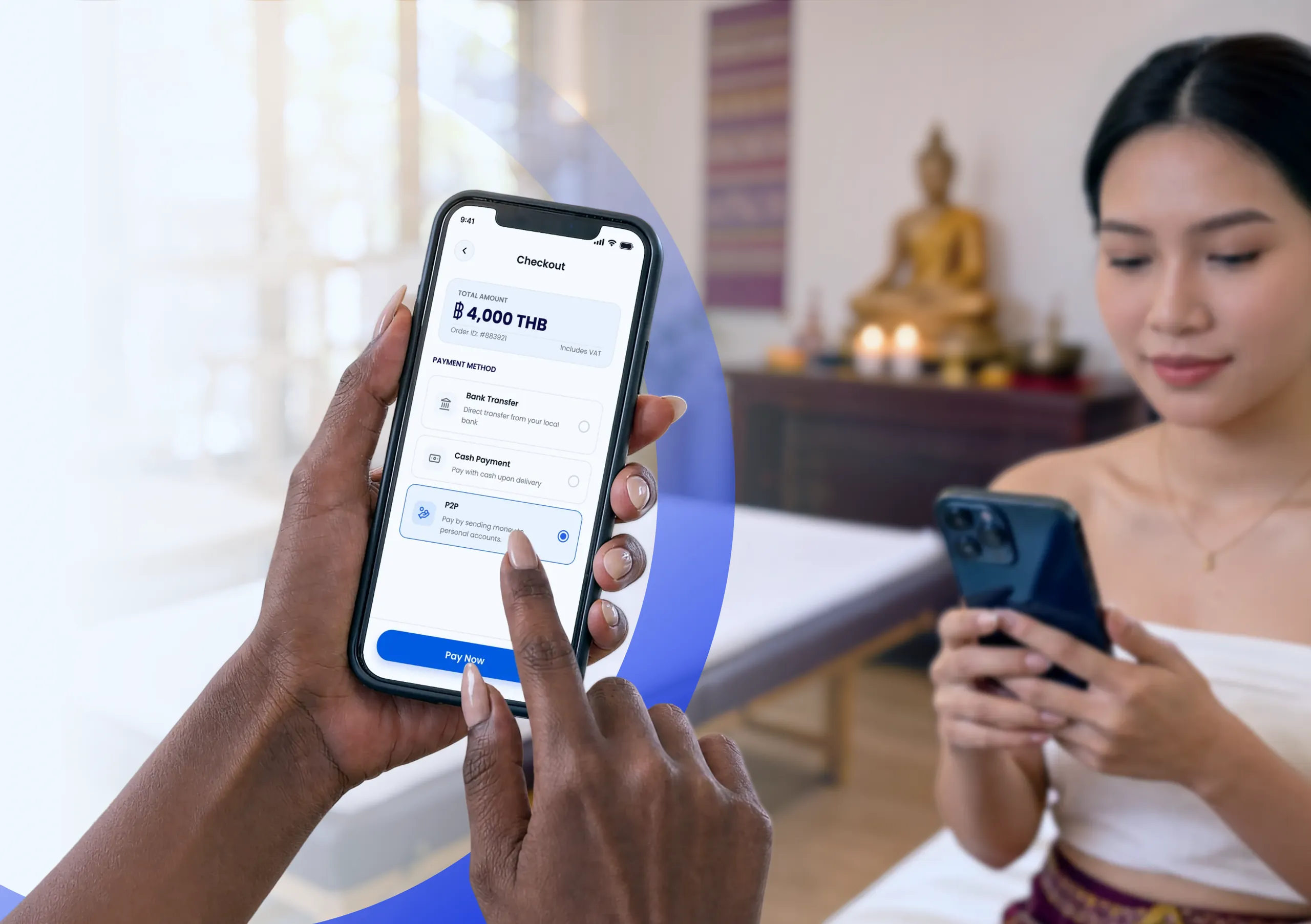 P2P payment gateway technology 2 A hand choosing a P2P payment at a phone checkout, a woman using her phone behind